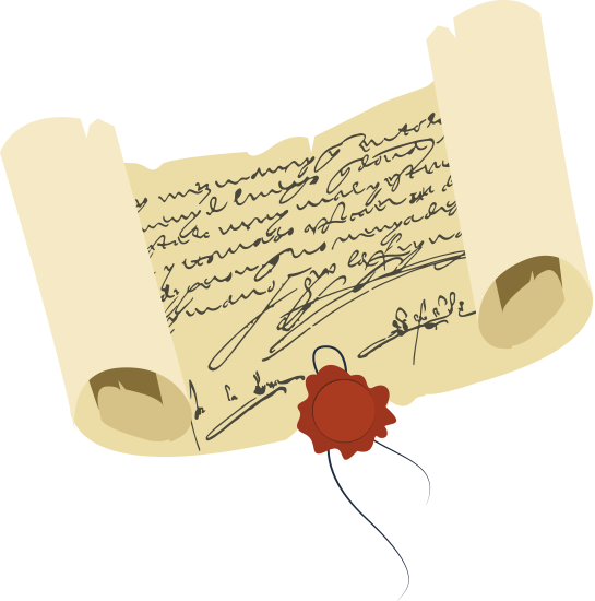 Ilustración. Documento antiguo de pergamino con texto y un lacre rojo